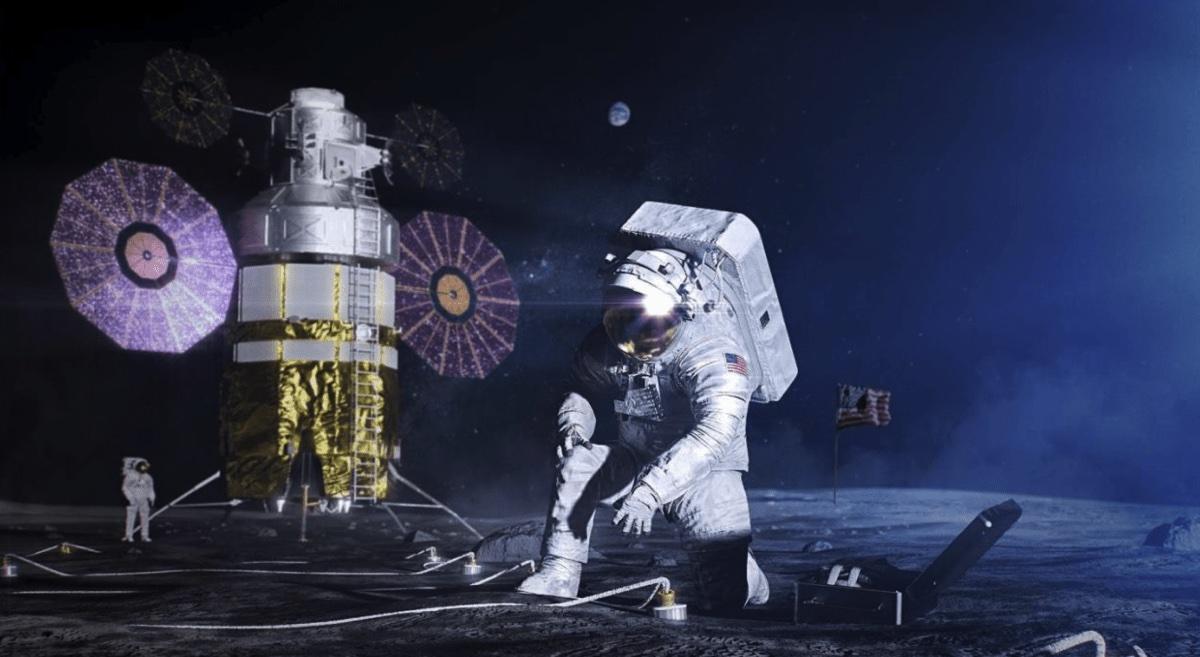 An astronaut rendering kneeling on Luna.