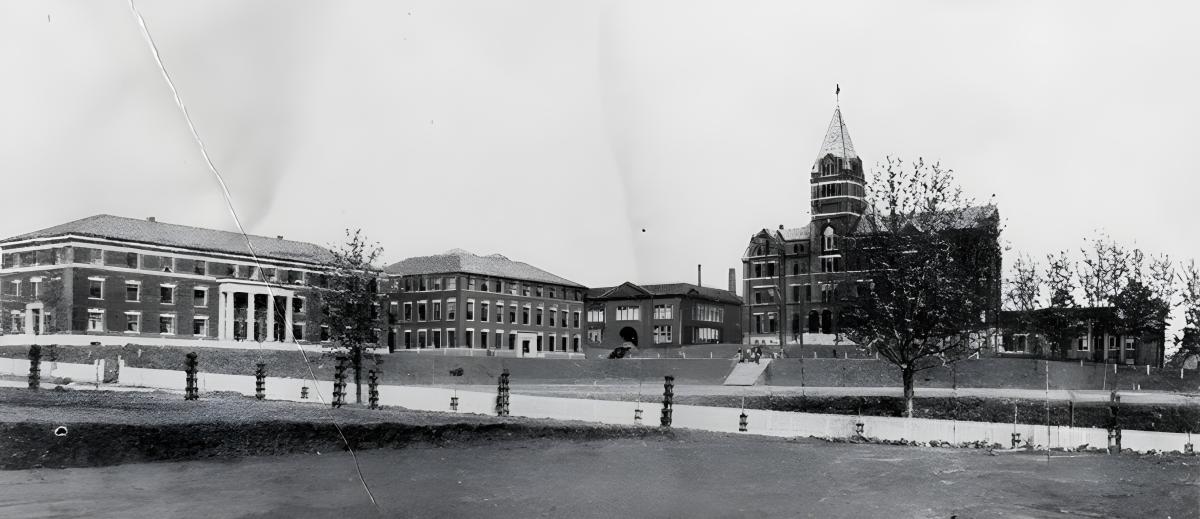 Upscaled AI black and white panorama photo of Georgia Tech's old campus